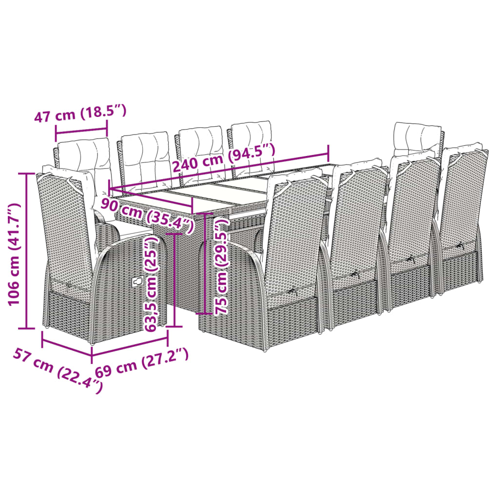 11-tlg. Garten-Essgruppe mit Kissen Schwarz Poly Rattan