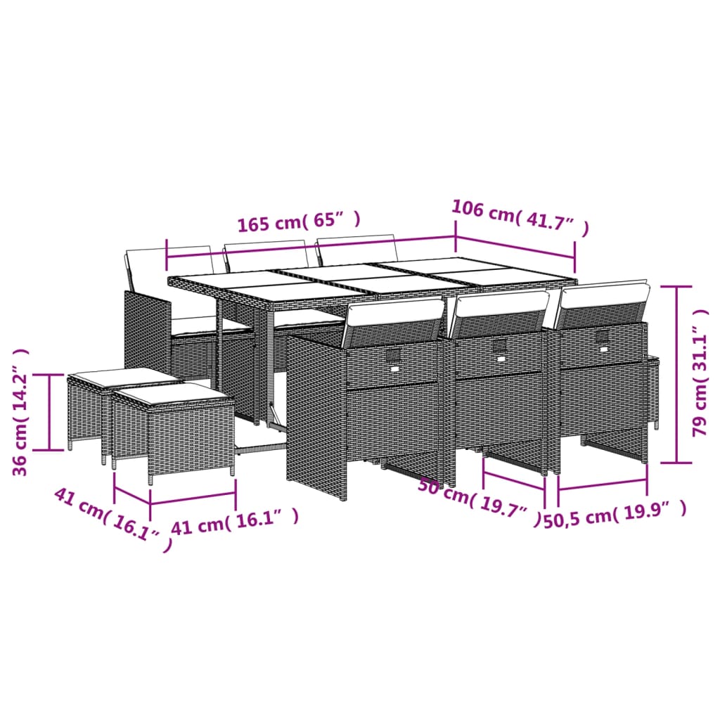 11-tlg. Garten-Essgruppe mit Kissen Braun Poly Rattan