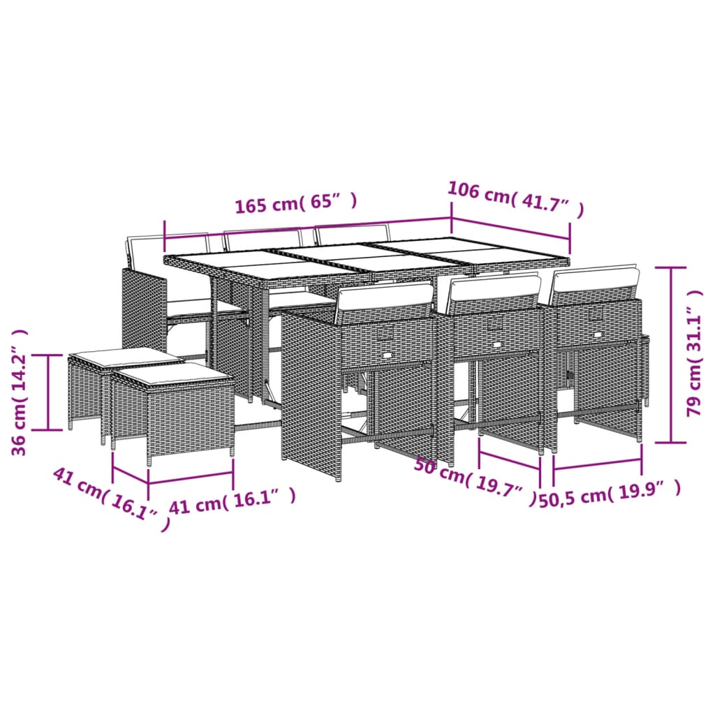 11-tlg. Garten-Essgruppe mit Kissen Schwarz Poly Rattan