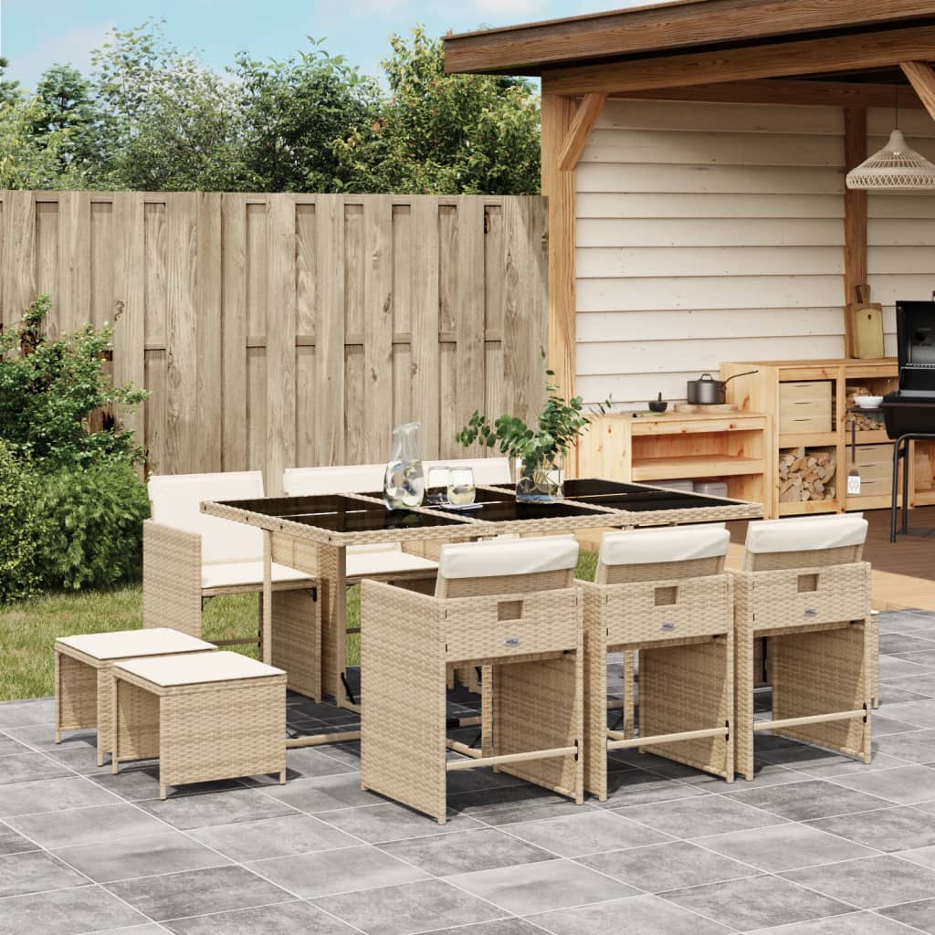 11-tlg. Garten-Essgruppe mit Kissen Beige Poly Rattan