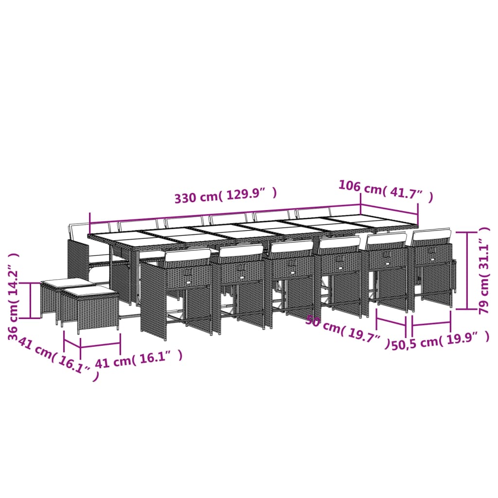 17-tlg. Garten-Essgruppe mit Kissen Braun Poly Rattan