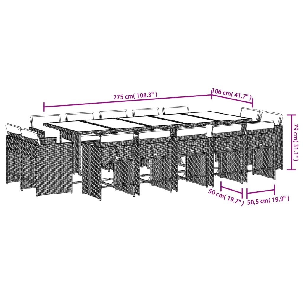 15-tlg. Garten-Essgruppe mit Kissen Grau Poly Rattan