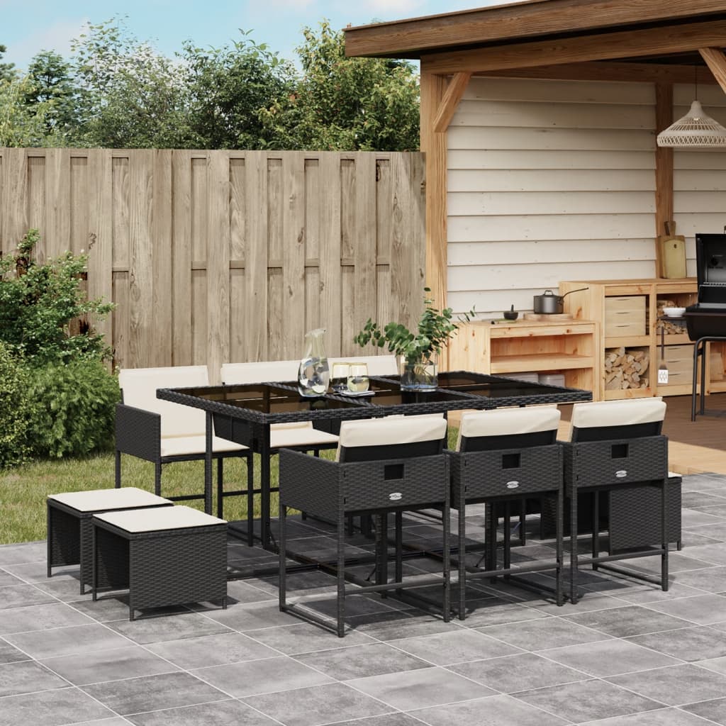 11-tlg. Garten-Essgruppe mit Kissen Schwarz Poly Rattan