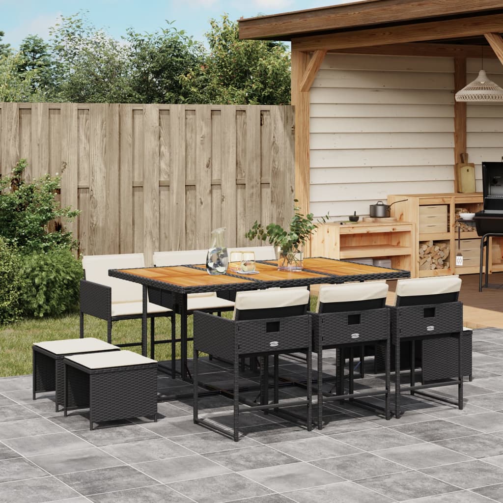 11-tlg. Garten-Essgruppe mit Kissen Schwarz Poly Rattan