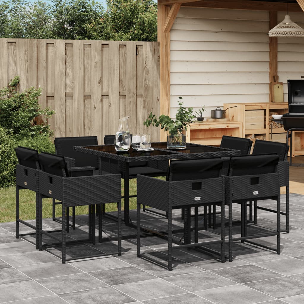 9-tlg. Garten-Essgruppe mit Kissen Schwarz Poly Rattan