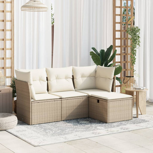 4-tlg. Garten-Sofagarnitur mit Kissen Beige Poly Rattan