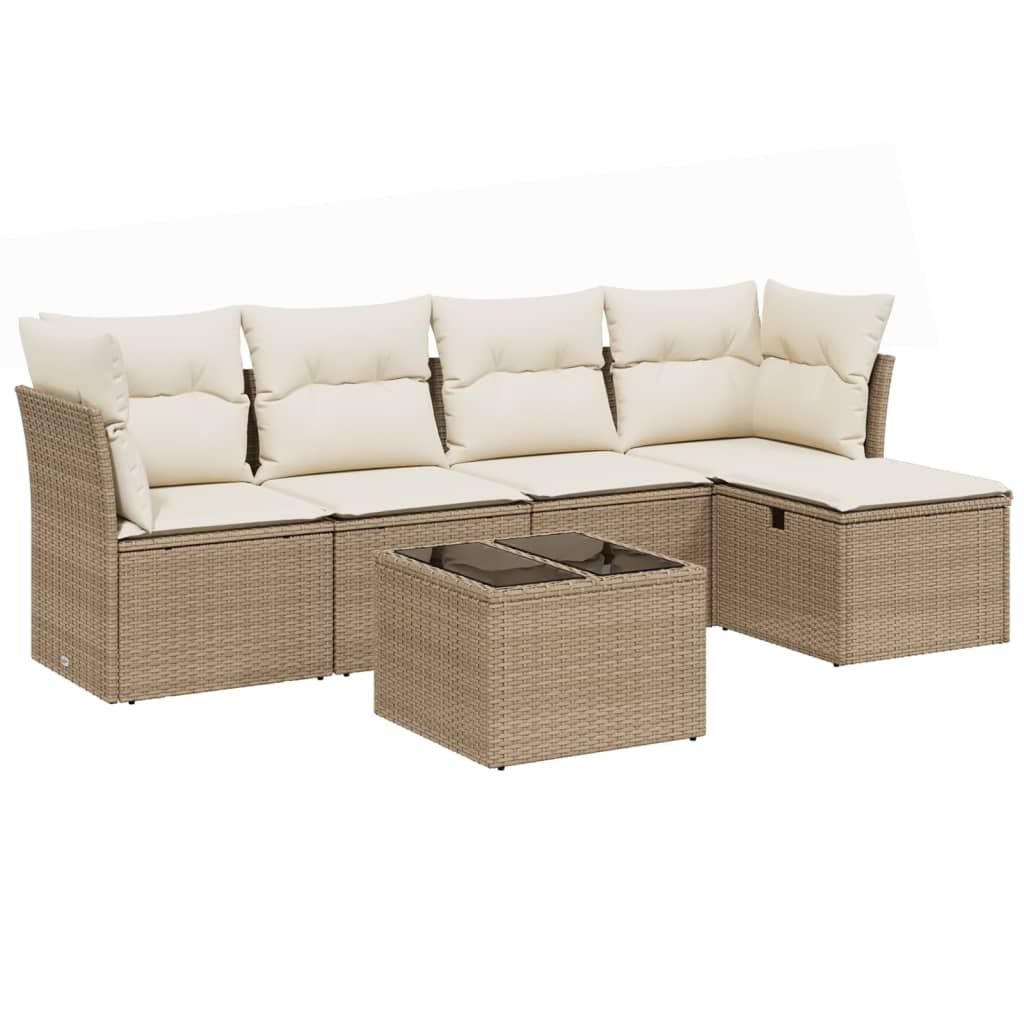 6-tlg. Garten-Sofagarnitur mit Kissen Beige Poly Rattan