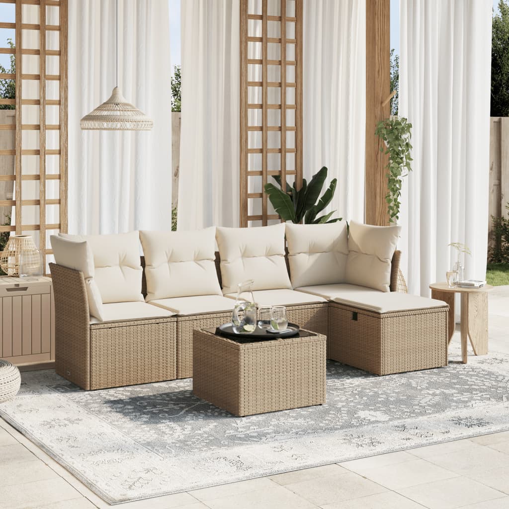 6-tlg. Garten-Sofagarnitur mit Kissen Beige Poly Rattan