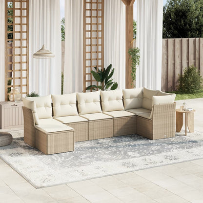 7-tlg. Garten-Sofagarnitur mit Kissen Beige Poly Rattan