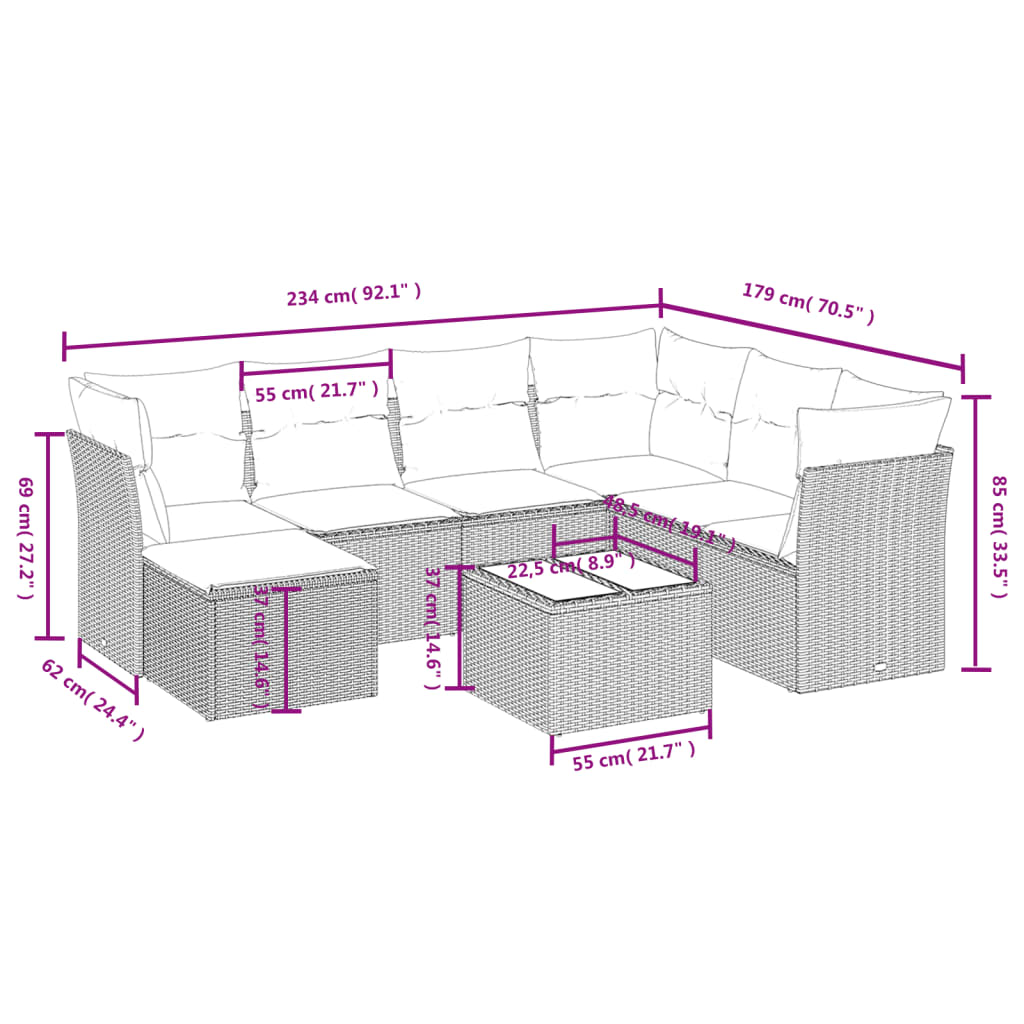 8-tlg. Garten-Sofagarnitur mit Kissen Beige Poly Rattan