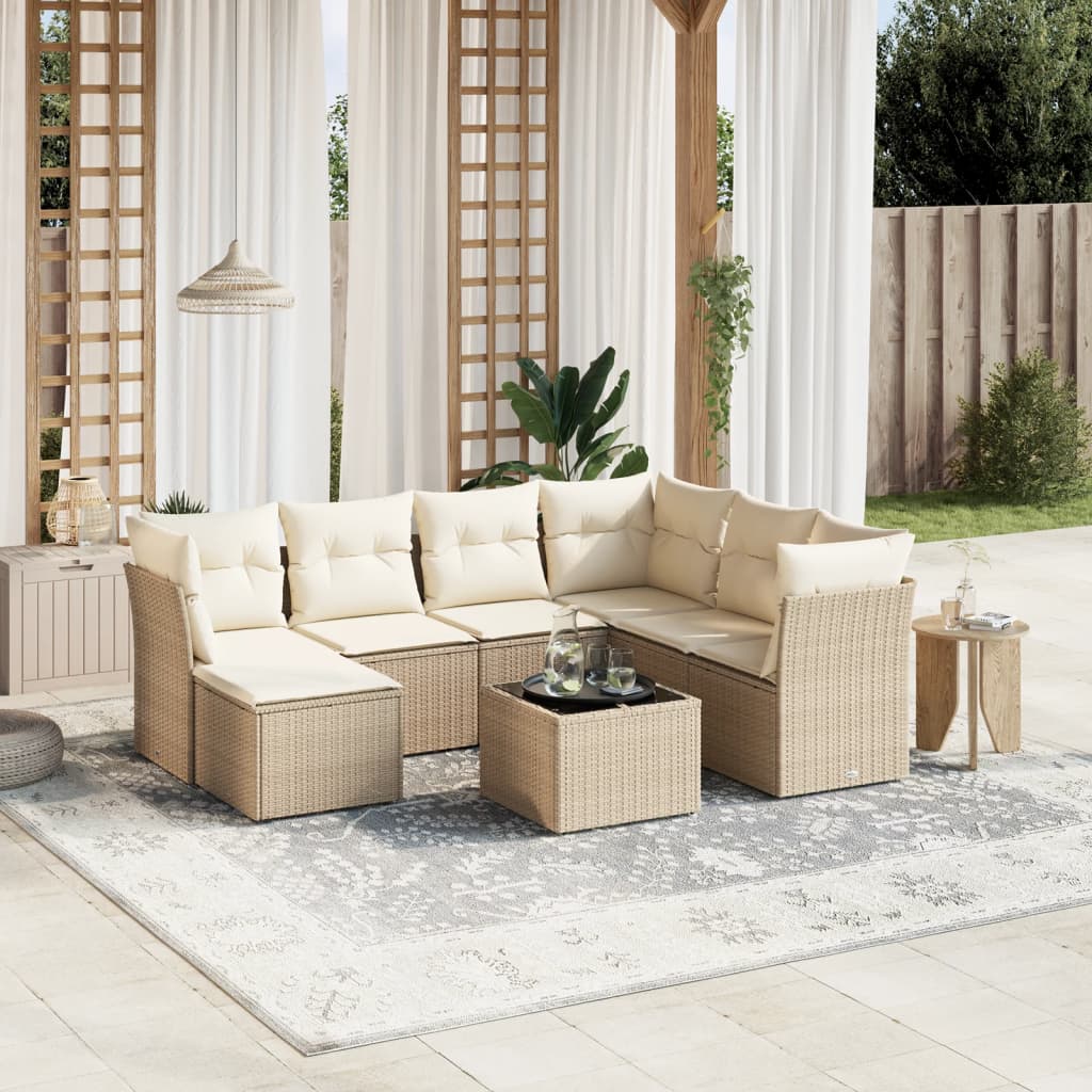 8-tlg. Garten-Sofagarnitur mit Kissen Beige Poly Rattan