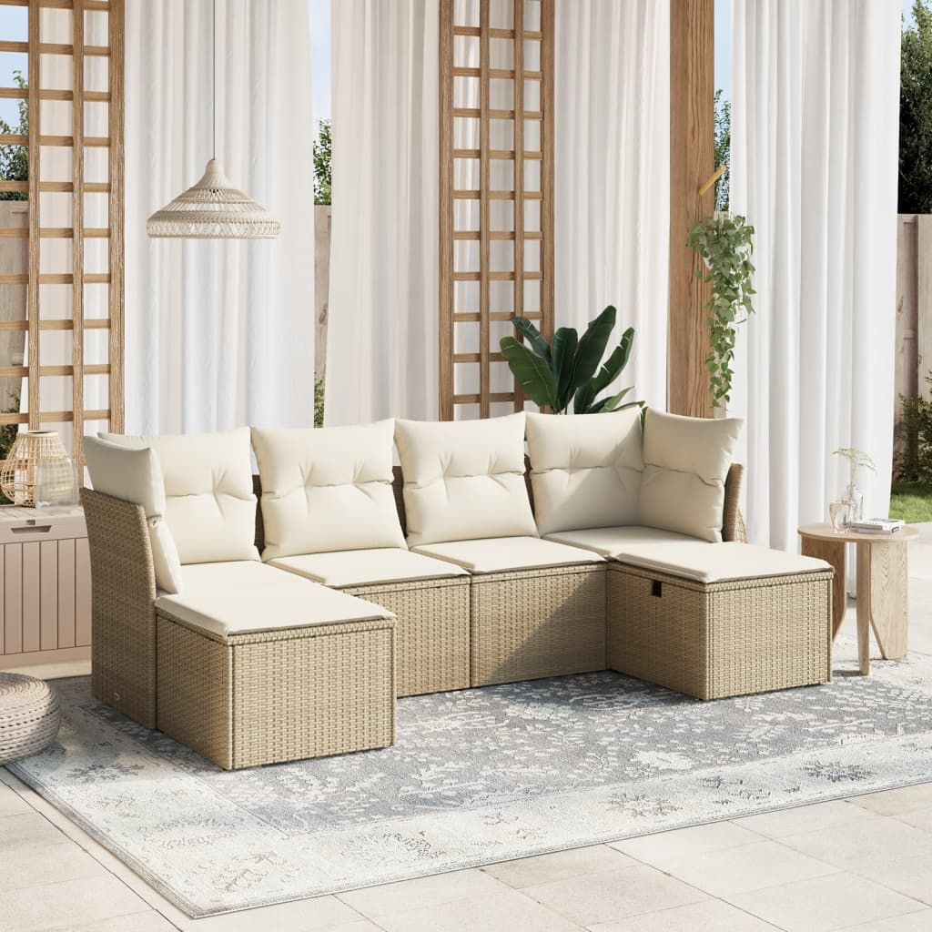 6-tlg. Garten-Sofagarnitur mit Kissen Beige Poly Rattan