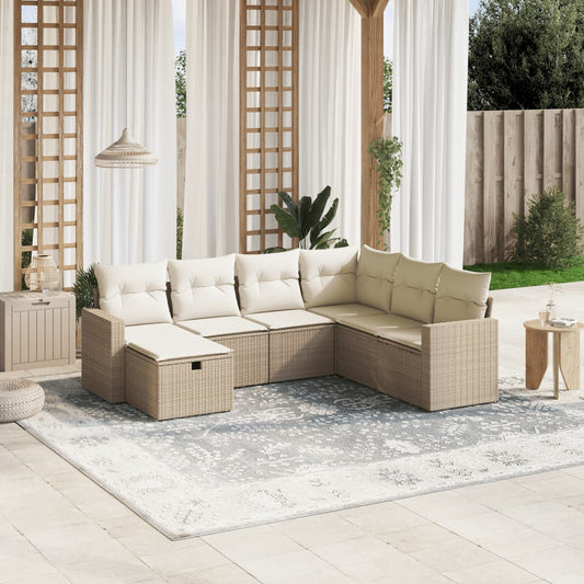 7-tlg. Garten-Sofagarnitur mit Kissen Beige Poly Rattan