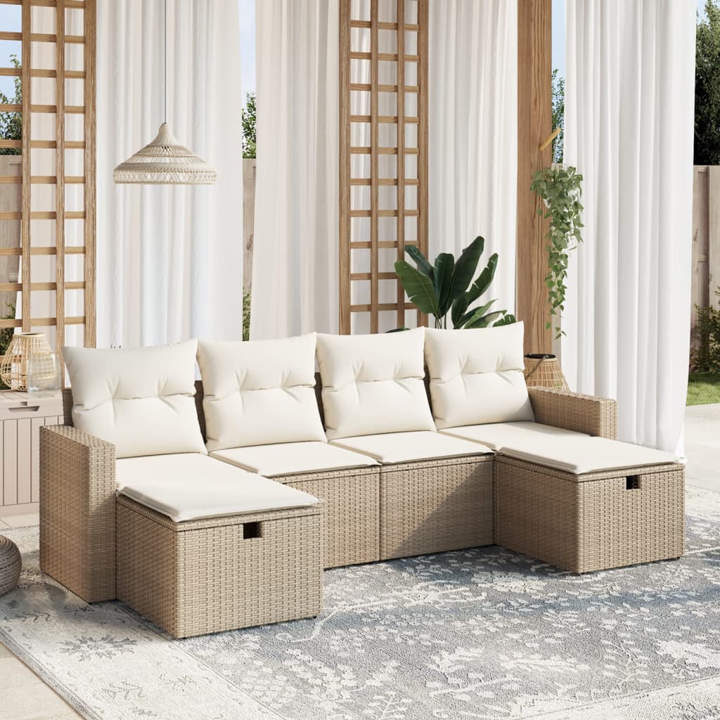 6-tlg. Garten-Sofagarnitur mit Kissen Beige Poly Rattan