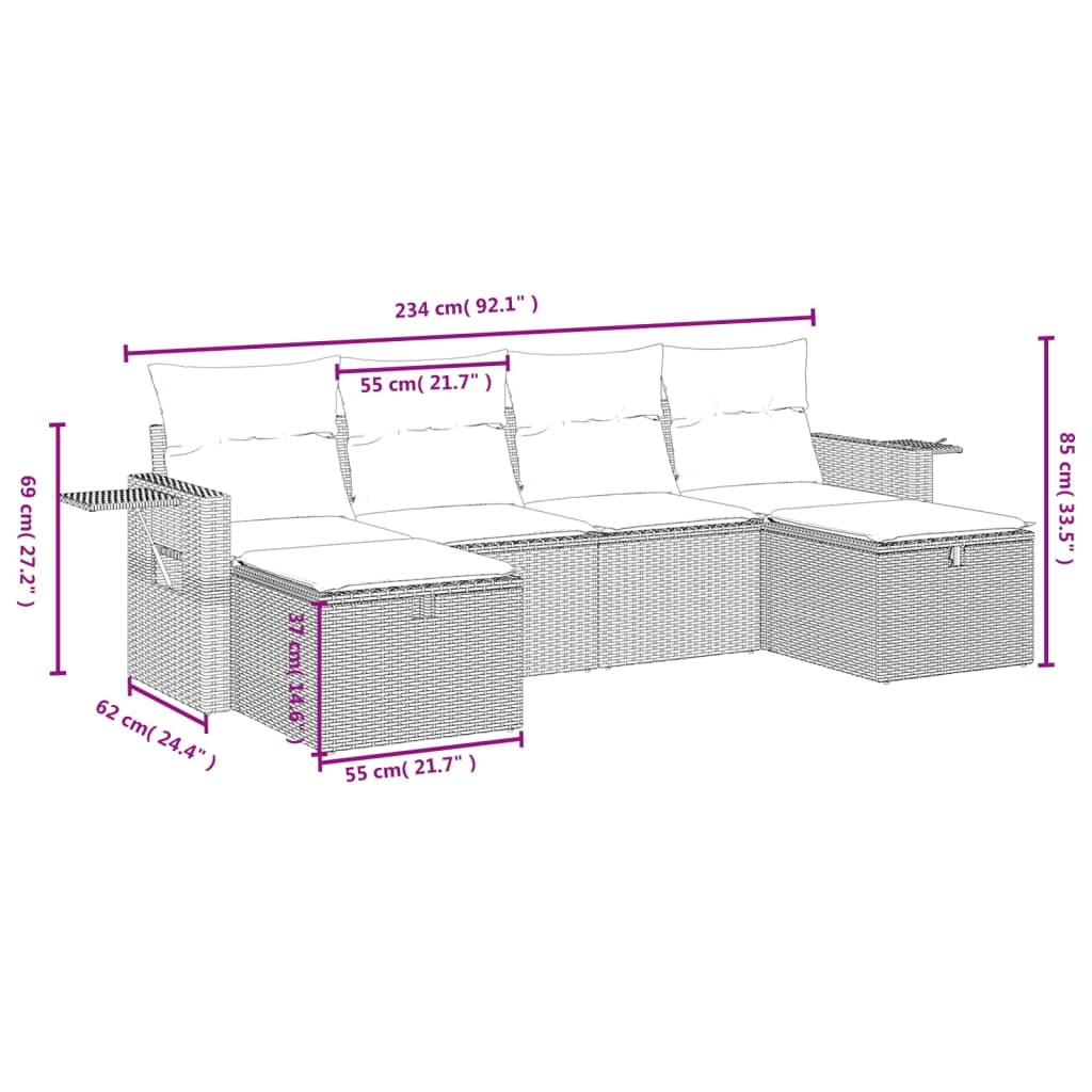 6-tlg. Garten-Sofagarnitur mit Kissen Beige Poly Rattan