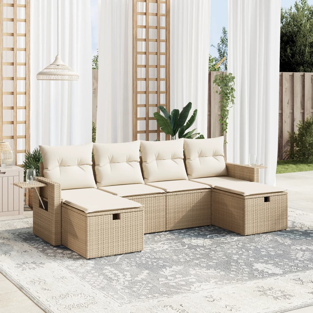 6-tlg. Garten-Sofagarnitur mit Kissen Beige Poly Rattan