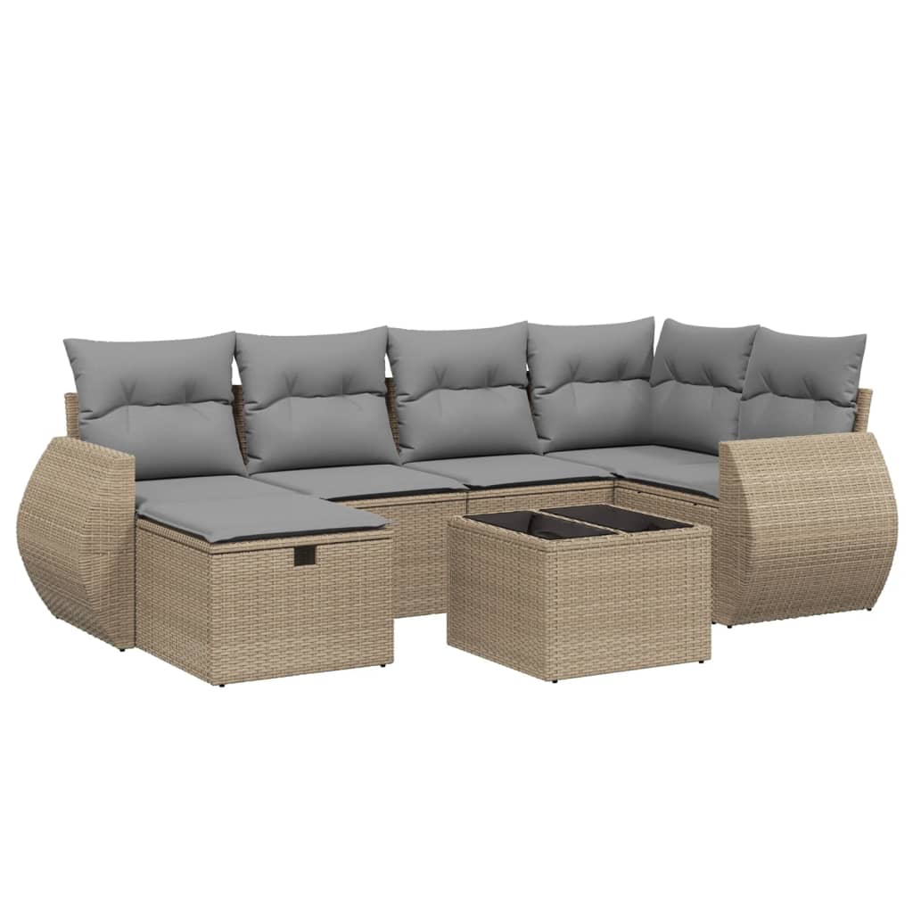 7-tlg. Garten-Sofagarnitur mit Kissen Beige Poly Rattan