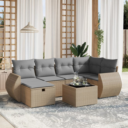 7-tlg. Garten-Sofagarnitur mit Kissen Beige Poly Rattan