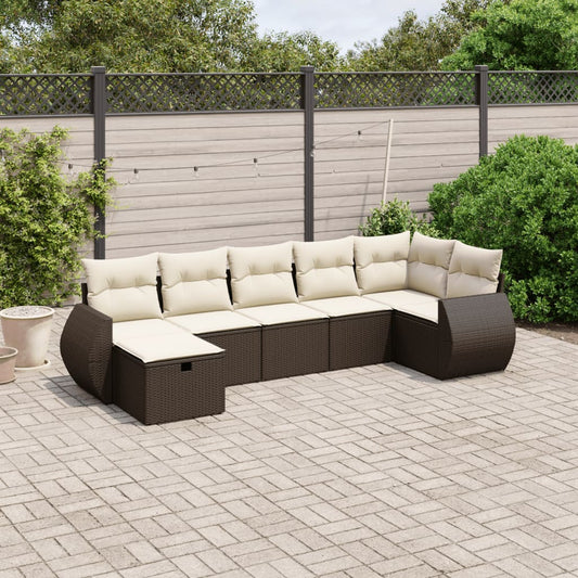 7-tlg. Garten-Sofagarnitur mit Kissen Braun Poly Rattan