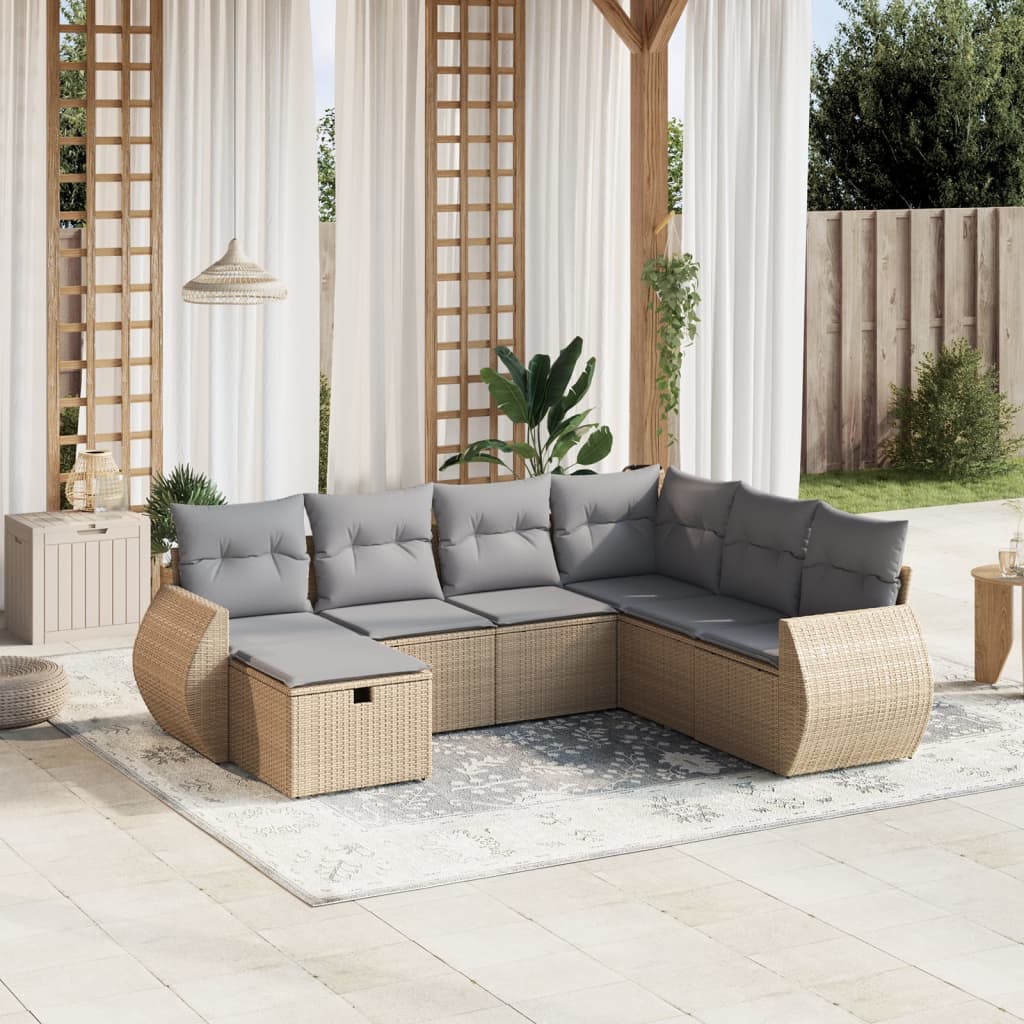 7-tlg. Garten-Sofagarnitur mit Kissen Beige Poly Rattan