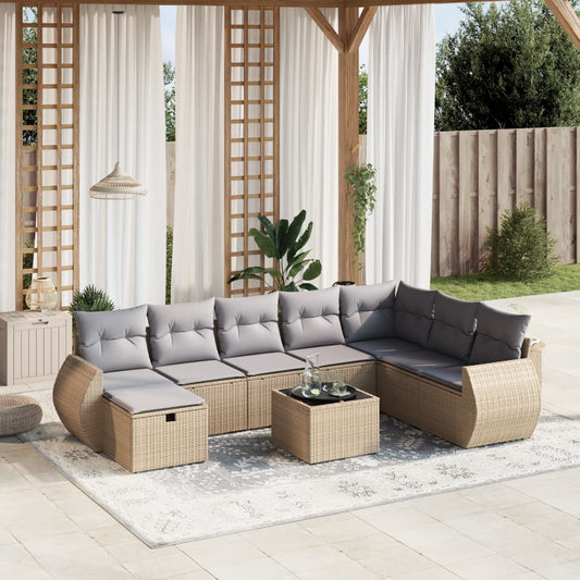 9-tlg. Garten-Sofagarnitur mit Kissen Beige Poly Rattan