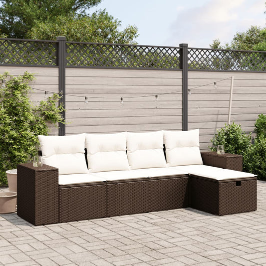 5-tlg. Garten-Sofagarnitur mit Kissen Braun Poly Rattan