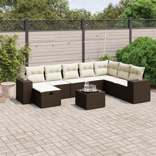 9-tlg. Garten-Sofagarnitur mit Kissen Braun Poly Rattan