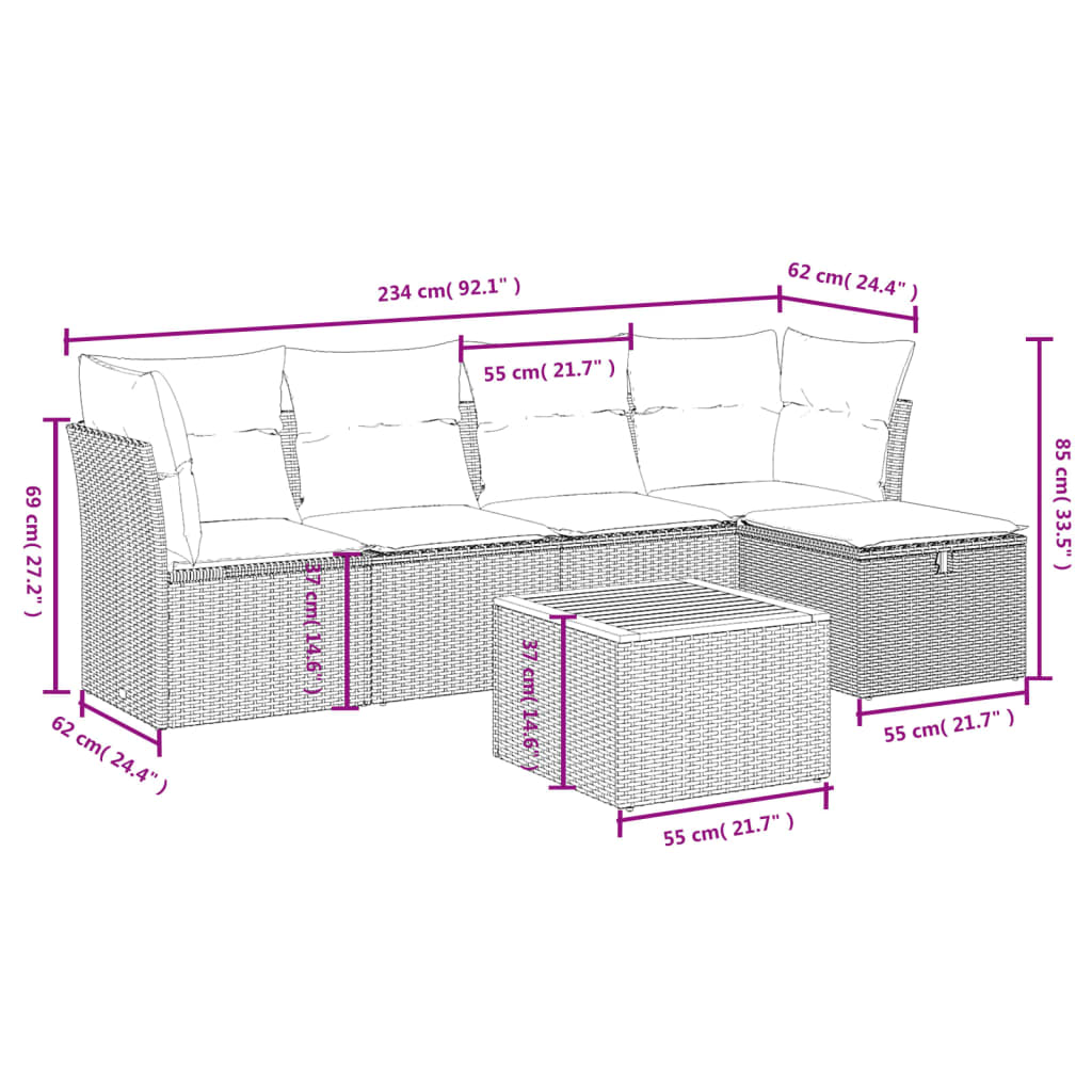 6-tlg. Garten-Sofagarnitur mit Kissen Beige Poly Rattan