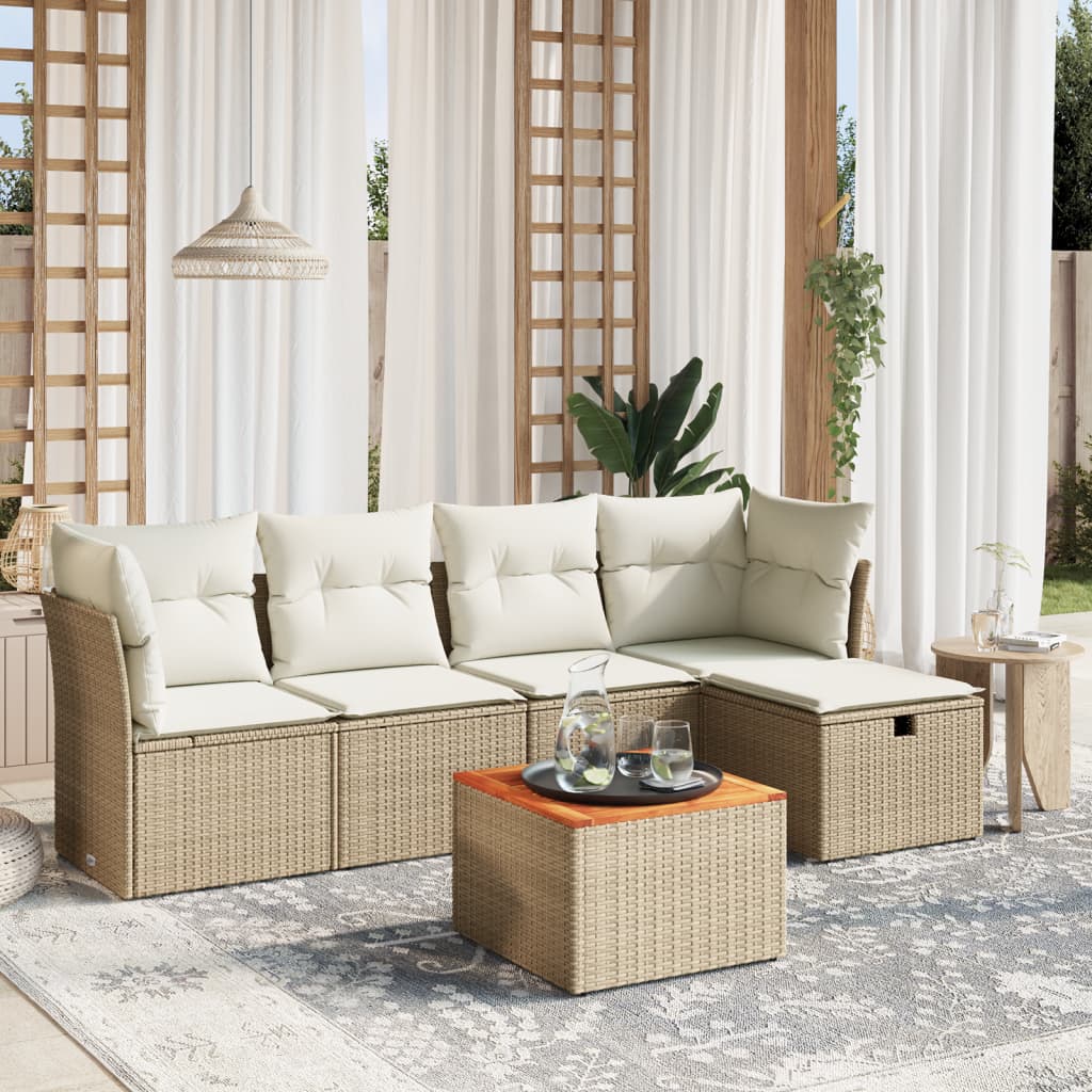 6-tlg. Garten-Sofagarnitur mit Kissen Beige Poly Rattan