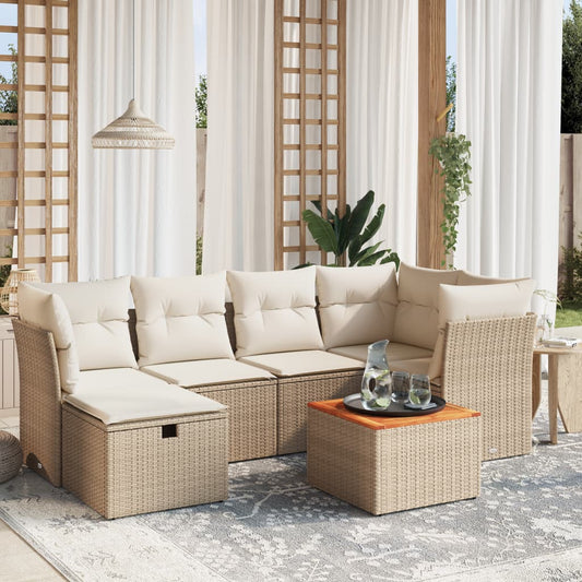 7-tlg. Garten-Sofagarnitur mit Kissen Beige Poly Rattan