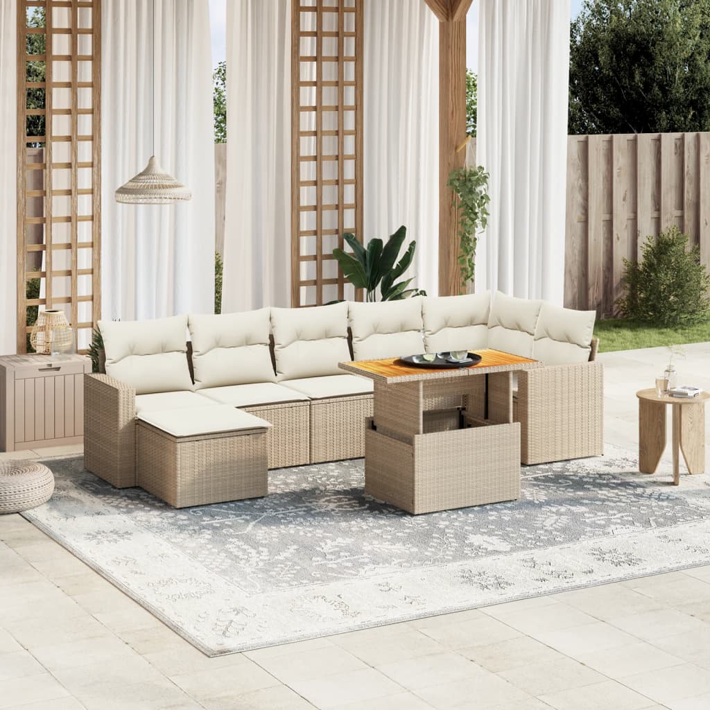 8-tlg. Garten-Sofagarnitur mit Kissen Beige Poly Rattan