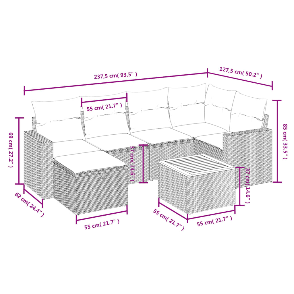 7-tlg. Garten-Sofagarnitur mit Kissen Beige Poly Rattan