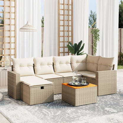 7-tlg. Garten-Sofagarnitur mit Kissen Beige Poly Rattan