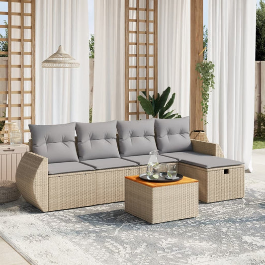 6-tlg. Garten-Sofagarnitur mit Kissen Beige Poly Rattan