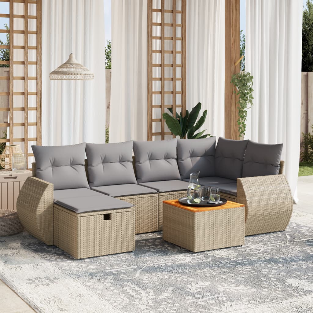 7-tlg. Garten-Sofagarnitur mit Kissen Beige Poly Rattan