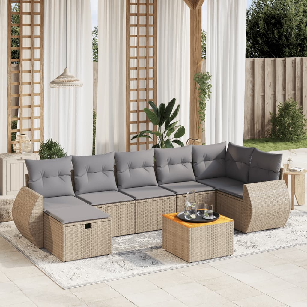 8-tlg. Garten-Sofagarnitur mit Kissen Beige Poly Rattan