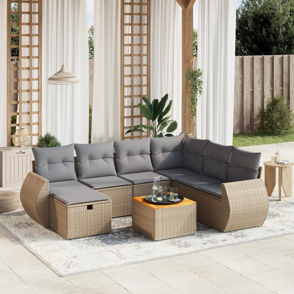 8-tlg. Garten-Sofagarnitur mit Kissen Beige Poly Rattan