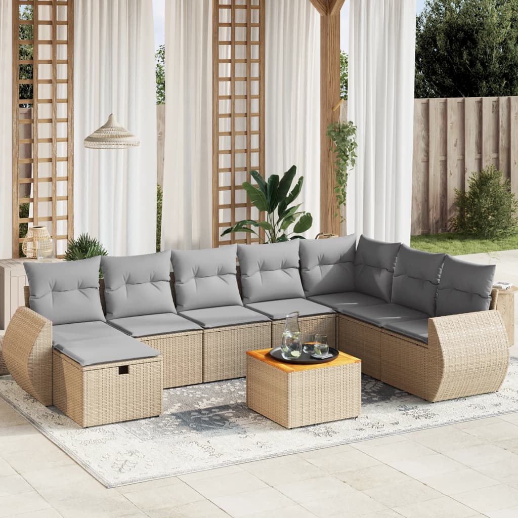 9-tlg. Garten-Sofagarnitur mit Kissen Beige Poly Rattan