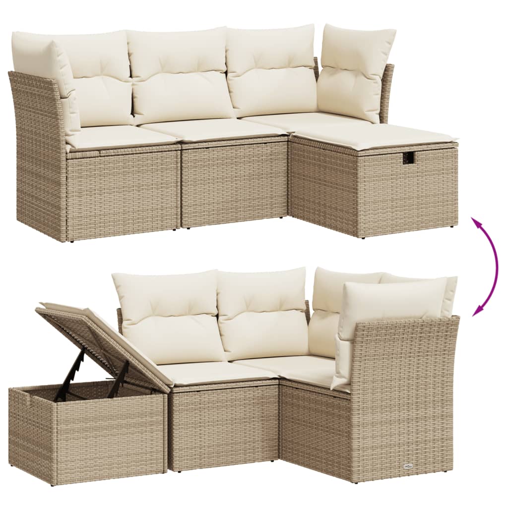 4-tlg. Garten-Sofagarnitur mit Kissen Beige Poly Rattan