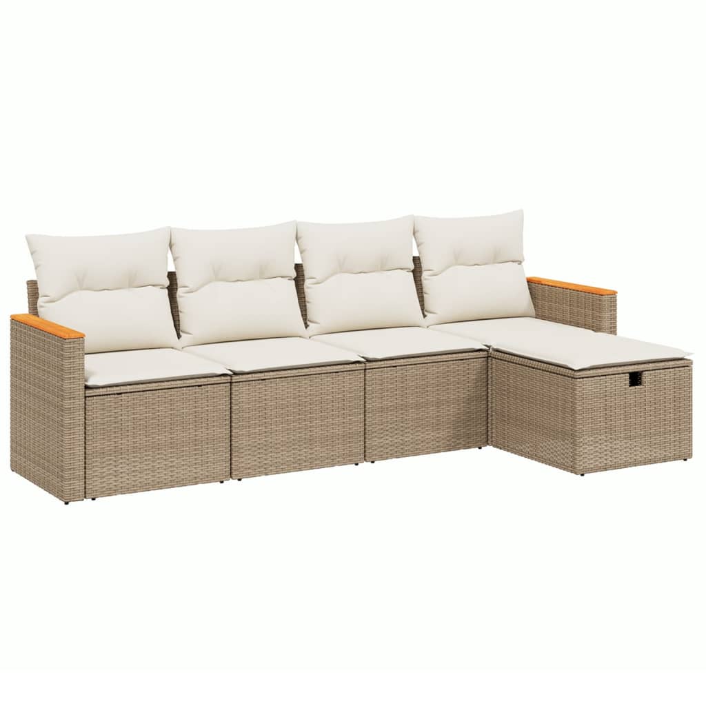 5-tlg. Garten-Sofagarnitur mit Kissen Beige Poly Rattan