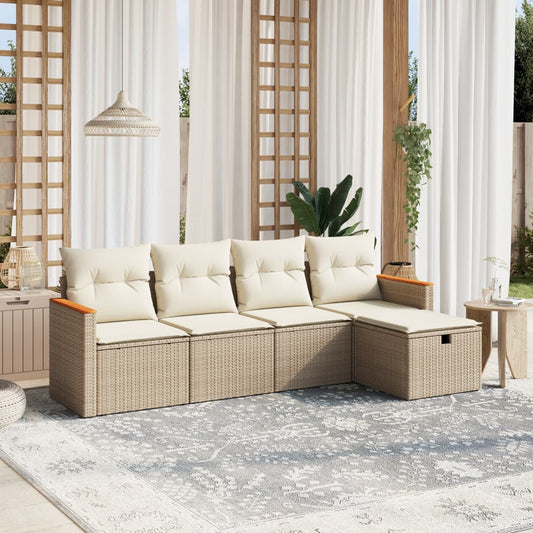 5-tlg. Garten-Sofagarnitur mit Kissen Beige Poly Rattan