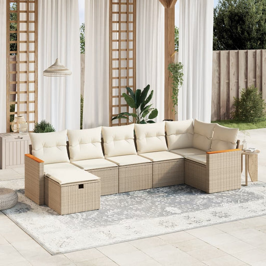 7-tlg. Garten-Sofagarnitur mit Kissen Beige Poly Rattan