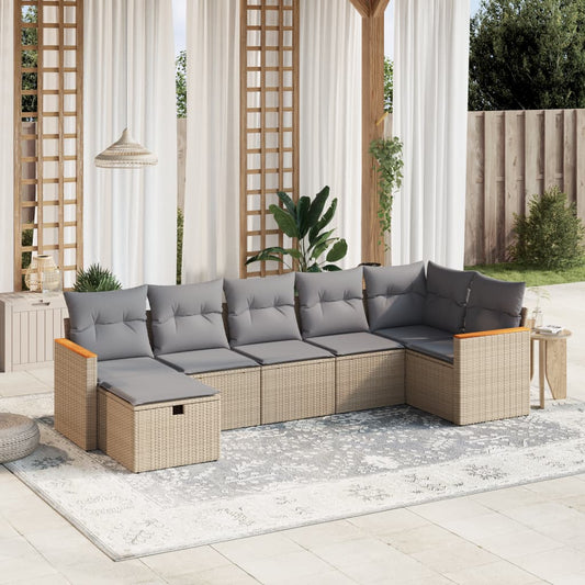 7-tlg. Garten-Sofagarnitur mit Kissen Beige Poly Rattan