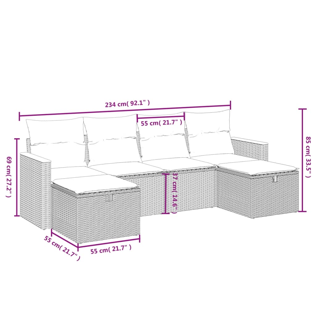 6-tlg. Garten-Sofagarnitur mit Kissen Beige Poly Rattan