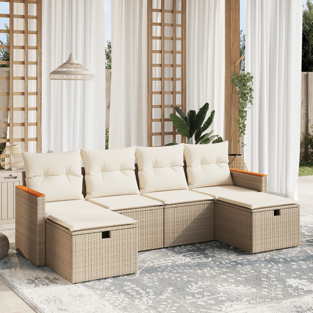 6-tlg. Garten-Sofagarnitur mit Kissen Beige Poly Rattan