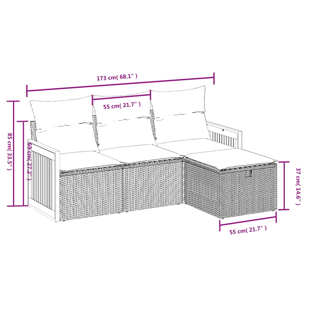 4-tlg. Garten-Sofagarnitur mit Kissen Schwarz Poly Rattan