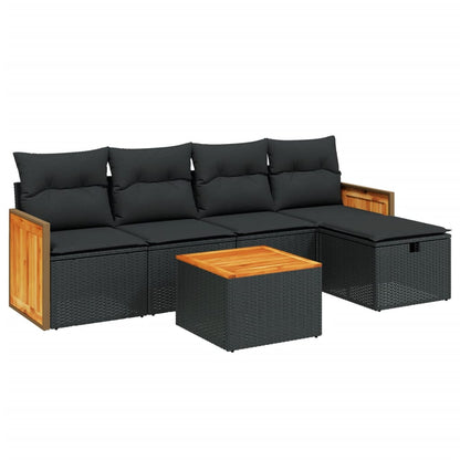 6-tlg. Garten-Sofagarnitur mit Kissen Schwarz Poly Rattan