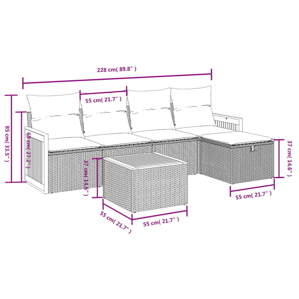 6-tlg. Garten-Sofagarnitur mit Kissen Schwarz Poly Rattan