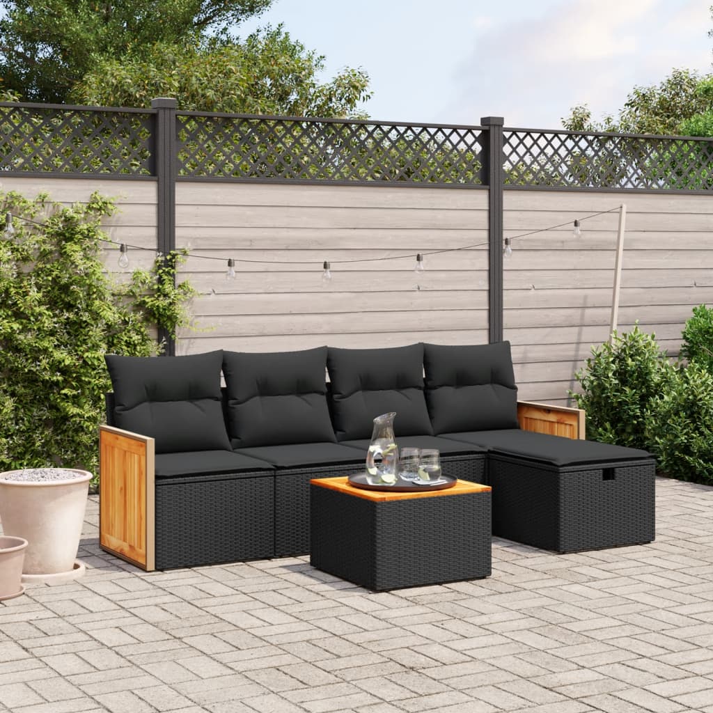 6-tlg. Garten-Sofagarnitur mit Kissen Schwarz Poly Rattan