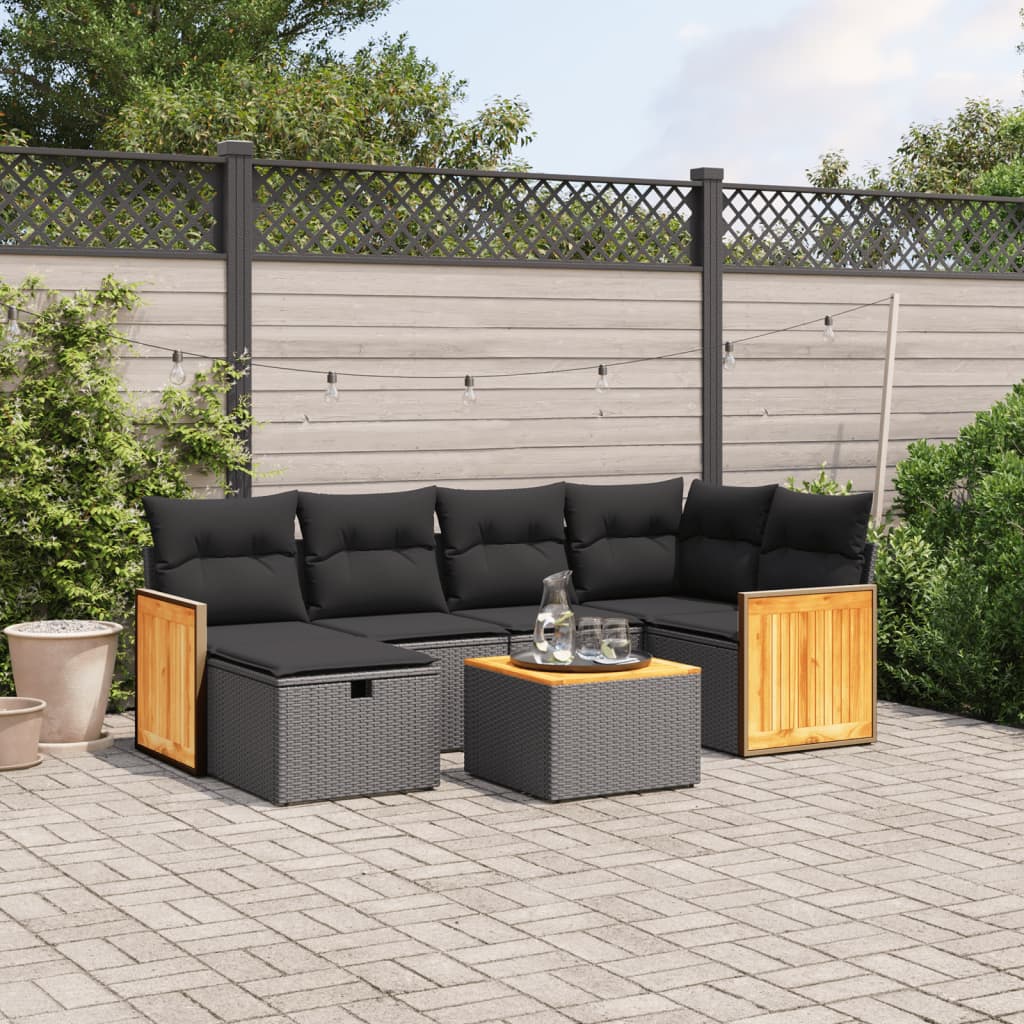 7-tlg. Garten-Sofagarnitur mit Kissen Schwarz Poly Rattan